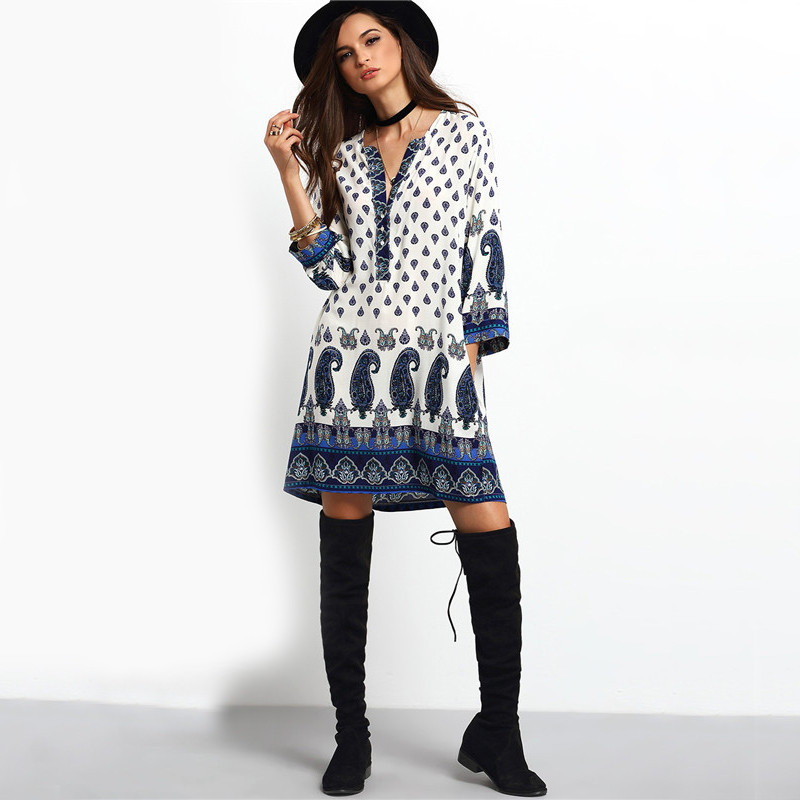 F2523 Blue Beige V Neck Tribal Print Loose Dress